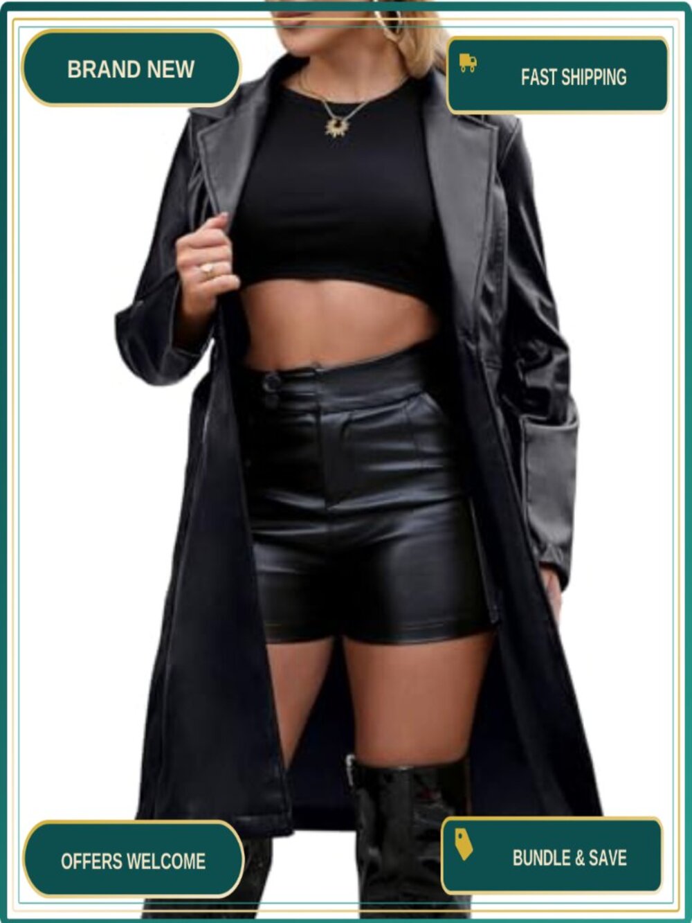 Faux Leather Jacket Women Trench Coat Long Loose Button Front with Belt